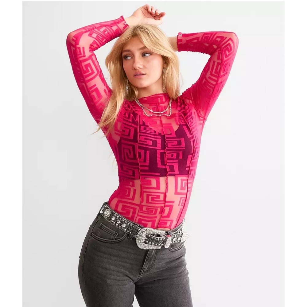 Willow Root Geometric Mesh Sheer Mock Neck Long Sleeve Top Fuchsia XS Party Club